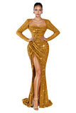 Mermaid Sequin Prom Dresses for Women 2026 Long Sleeve Ruched Formal Dress with Slit Sparkly Evening Party Gowns