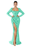 Mermaid Sequin Prom Dresses for Women 2026 Long Sleeve Ruched Formal Dress with Slit Sparkly Evening Party Gowns