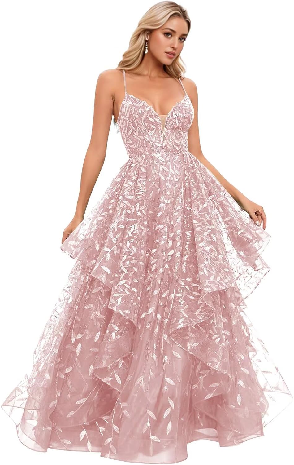 Spaghetti Strap Prom Dresses for Women V Neck Sparkly Sequin Tulle Tiered Ball Gown Long Formal Evening Dress
