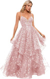 Spaghetti Strap Prom Dresses for Women V Neck Sparkly Sequin Tulle Tiered Ball Gown Long Formal Evening Dress