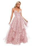 Spaghetti Strap Prom Dresses for Women V Neck Sparkly Sequin Tulle Tiered Ball Gown Long Formal Evening Dress