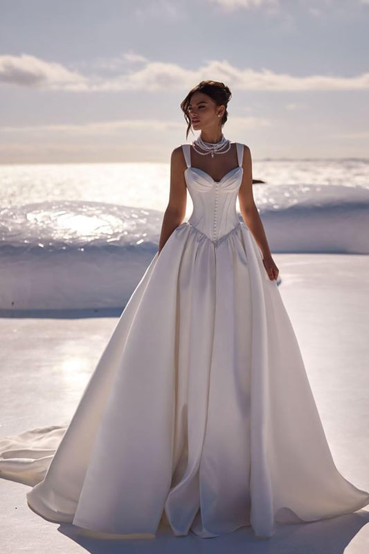 Spaghetti Straps Satin Wedding Dress for Bride 2027 A Line V Neck Bridal Gowns with Train