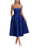 Satin Floral Jacquard Prom Dress for Women Strapless Corset Tea Length Formal Cocktail Evening Gowns