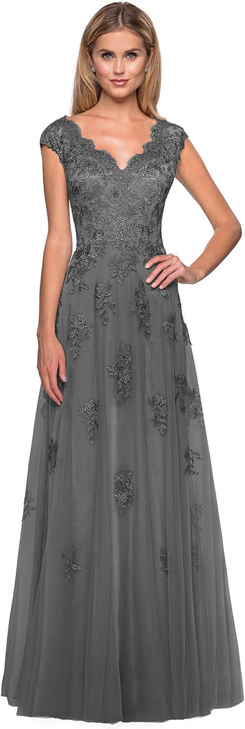 Women's V Neck Cap Sleeves Mother of The Bride Dresses Long Lace Formal Prom Evening Gowns with Pockets
