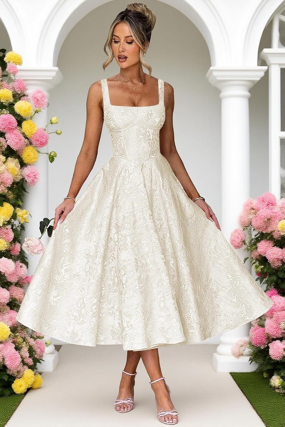 Floral Satin Jacquard Prom Dresses 2026 A-Line Tea Length Midi Square Neck Evening Party Gown with Pockets for Women