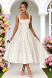 Floral Satin Jacquard Prom Dresses 2026 A-Line Tea Length Midi Square Neck Evening Party Gown with Pockets for Women