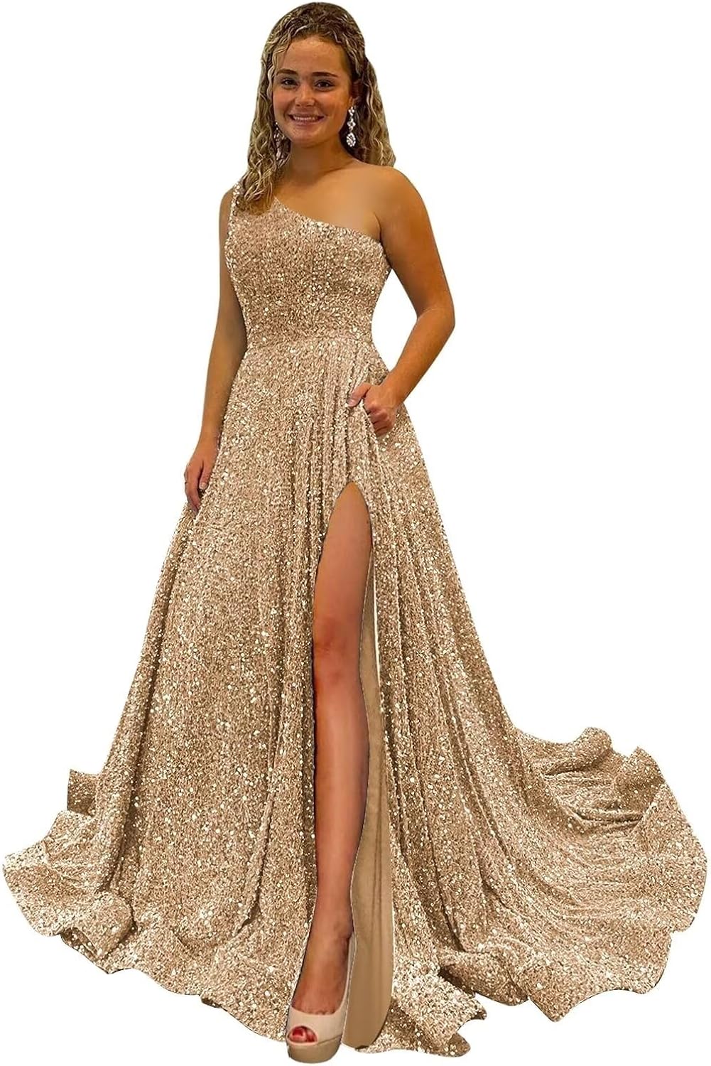 One Shoulder Sequin Prom Dresses for Women Long Sparkly A-Line Slit Formal Evening Party Ball Gowns with Pockets