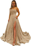 One Shoulder Sequin Prom Dresses for Women Long Sparkly A-Line Slit Formal Evening Party Ball Gowns with Pockets