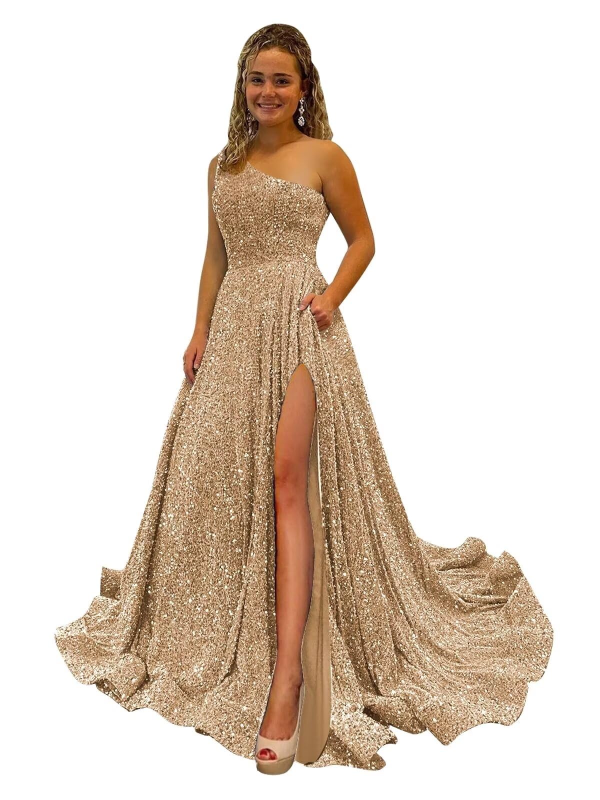 One Shoulder Sequin Prom Dresses for Women Long Sparkly A-Line Slit Formal Evening Party Ball Gowns with Pockets
