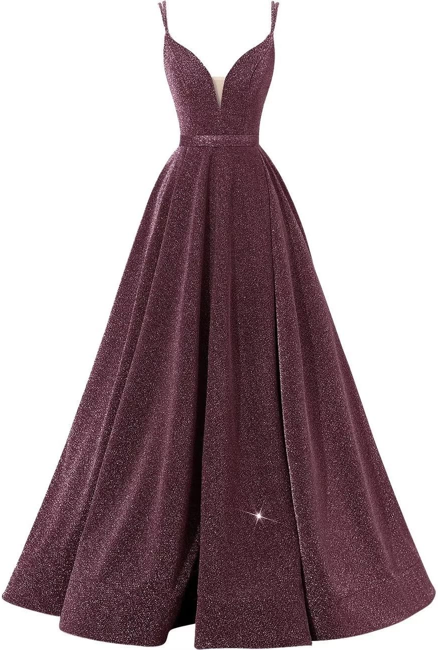 Women's Glittery Spaghetti V-Neck Prom Dresses Long Side Split Formal Evening Gowns