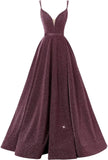 Women's Glittery Spaghetti V-Neck Prom Dresses Long Side Split Formal Evening Gowns