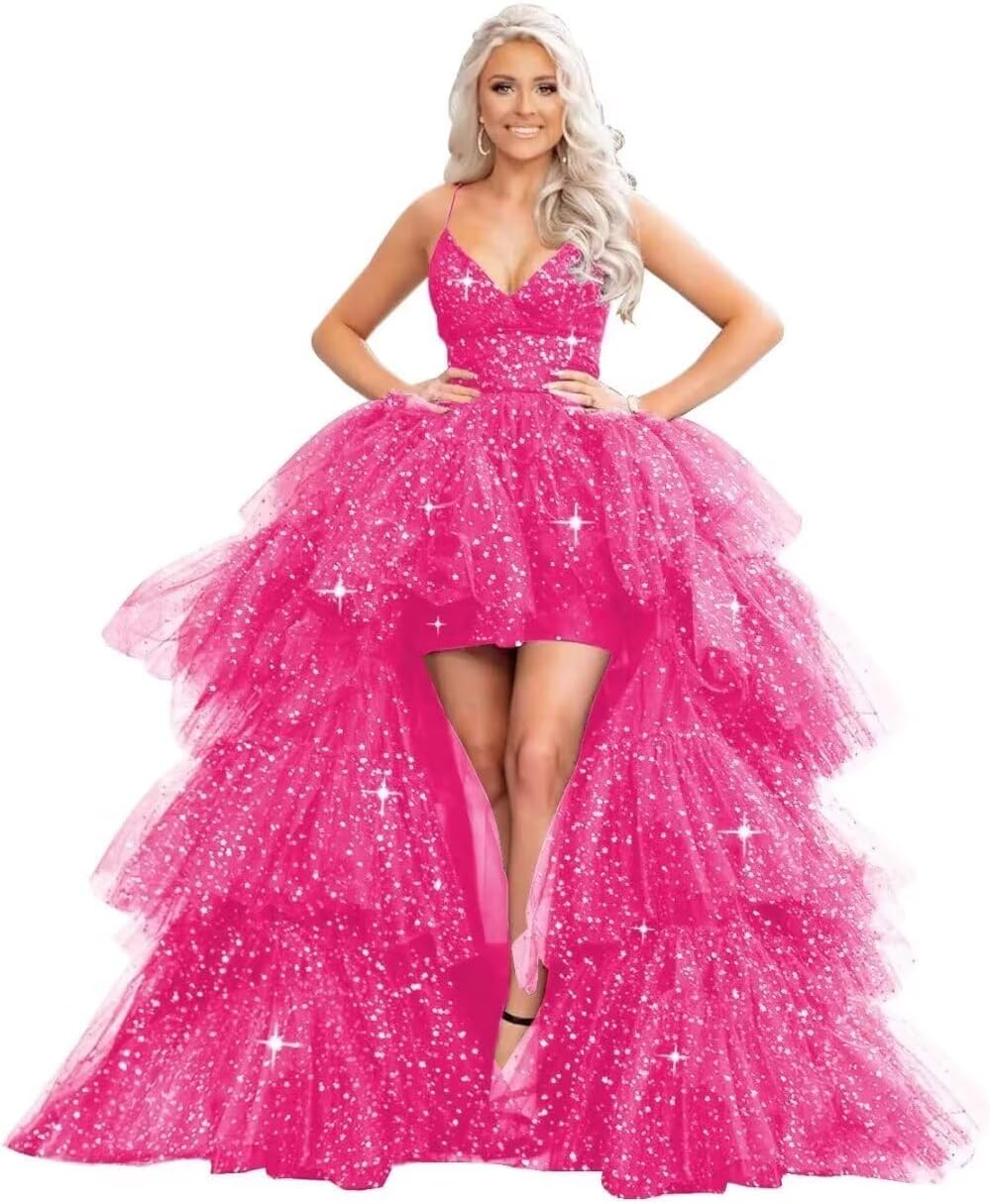 Puffy Sequins Tulle High-Low Prom Dresses for Women 2027, Glitter V Neck Formal Ball Gown Wedding Party Dress