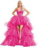 Puffy Sequins Tulle High-Low Prom Dresses for Women 2027, Glitter V Neck Formal Ball Gown Wedding Party Dress