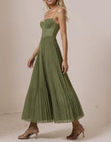 Tea Length Pleated Formal Dresses for Women Satin Bridesmaid Dress Spaghetti Straps Backless A Line Evening Gown