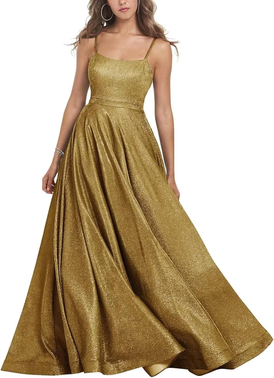 Women's Glitter Prom Dresses Long Ball Gown Spaghetti Straps Neck Formal Evening Party Dress for Teens