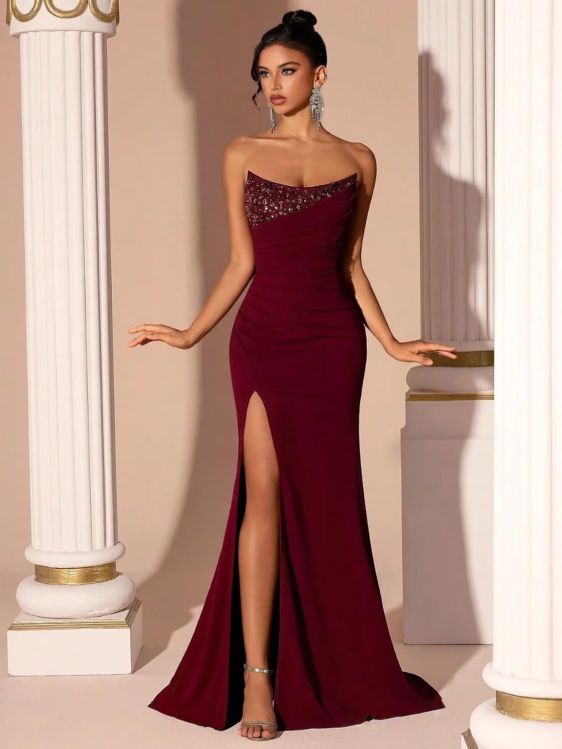 Mermaid Satin Prom Dresses for Women Strapless Sequin Formal Dress 2027 Pleated Evening Party Gowns with Slit