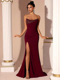 Mermaid Satin Prom Dresses for Women Strapless Sequin Formal Dress 2027 Pleated Evening Party Gowns with Slit