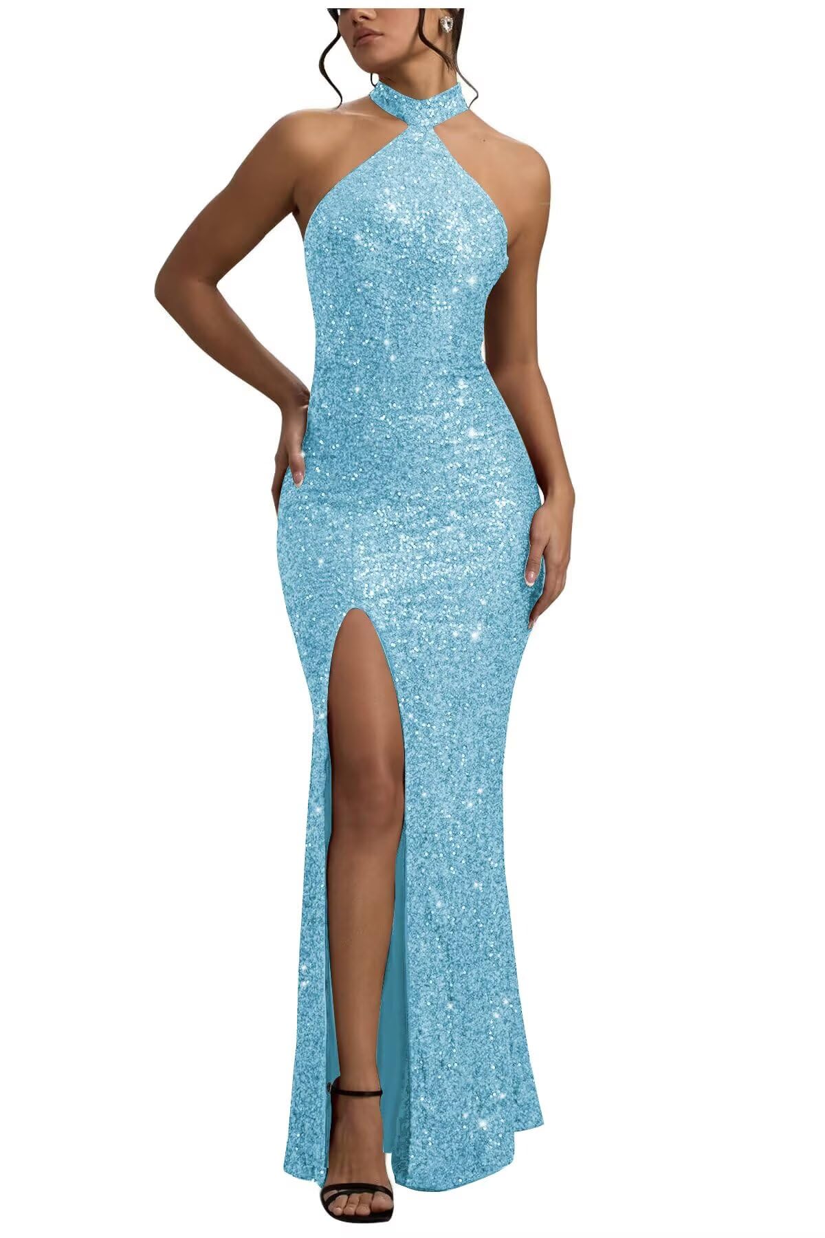 Sequin Mermaid Prom Dresses for Women Long Sparkly Halter-Neck Tight Backless Formal Evening Party Gowns with Slit