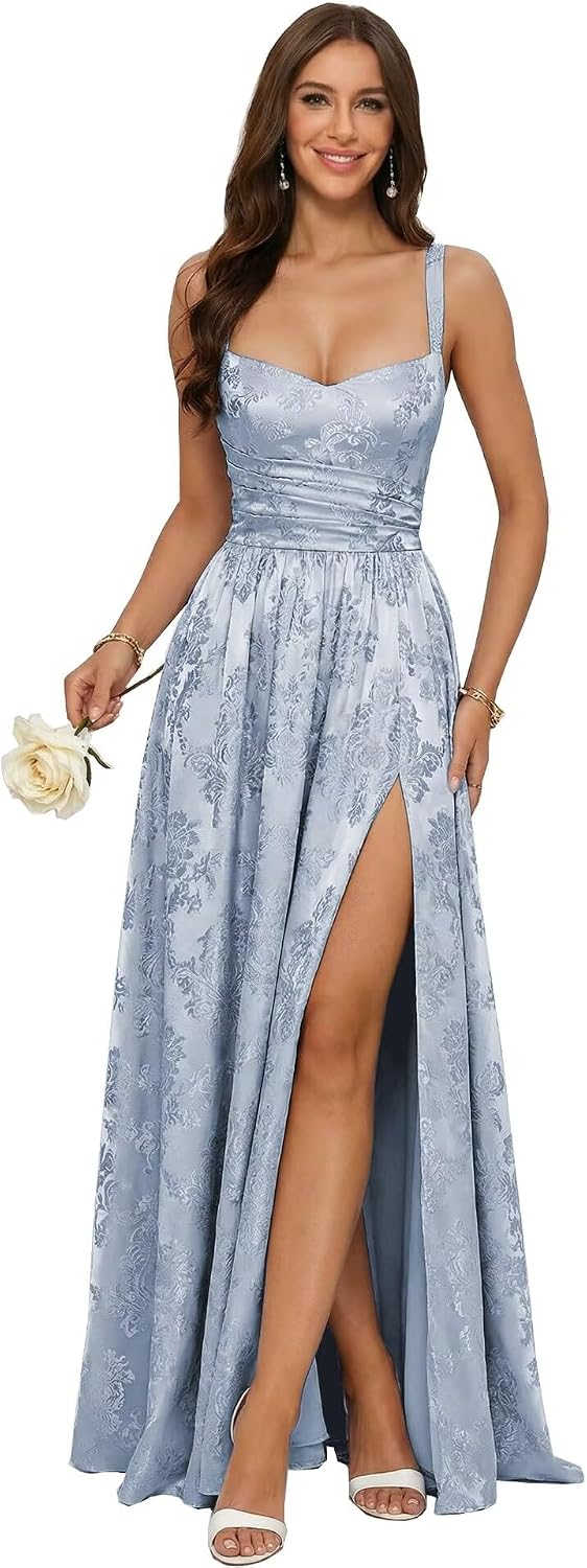 Jacquard Satin Prom Dresses with Slit Spaghetti Straps A Line Maxi Long Formal Dress