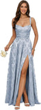 Jacquard Satin Prom Dresses with Slit Spaghetti Straps A Line Maxi Long Formal Dress