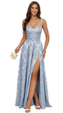 Jacquard Satin Prom Dresses with Slit Spaghetti Straps A Line Maxi Long Formal Dress
