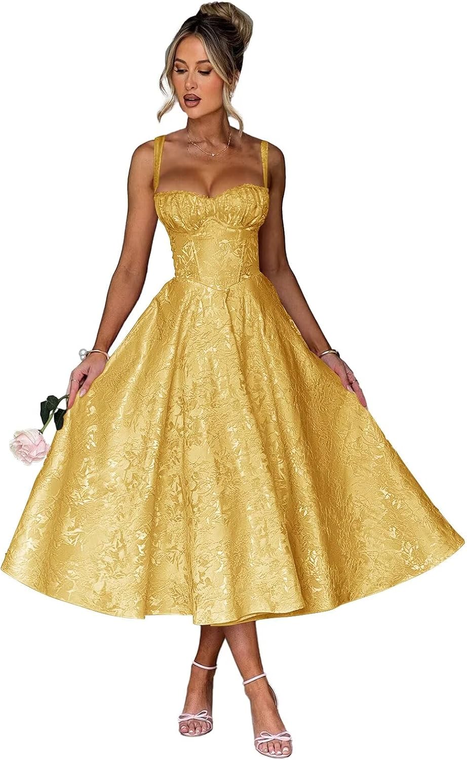 Satin Jacquard Prom Dress with Bow Tea Length Floral Midi Formal Evening Party Gown Tea-Length for Women Engagement Gown