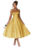 Satin Jacquard Prom Dress with Bow Tea Length Floral Midi Formal Evening Party Gown Tea-Length for Women Engagement Gown
