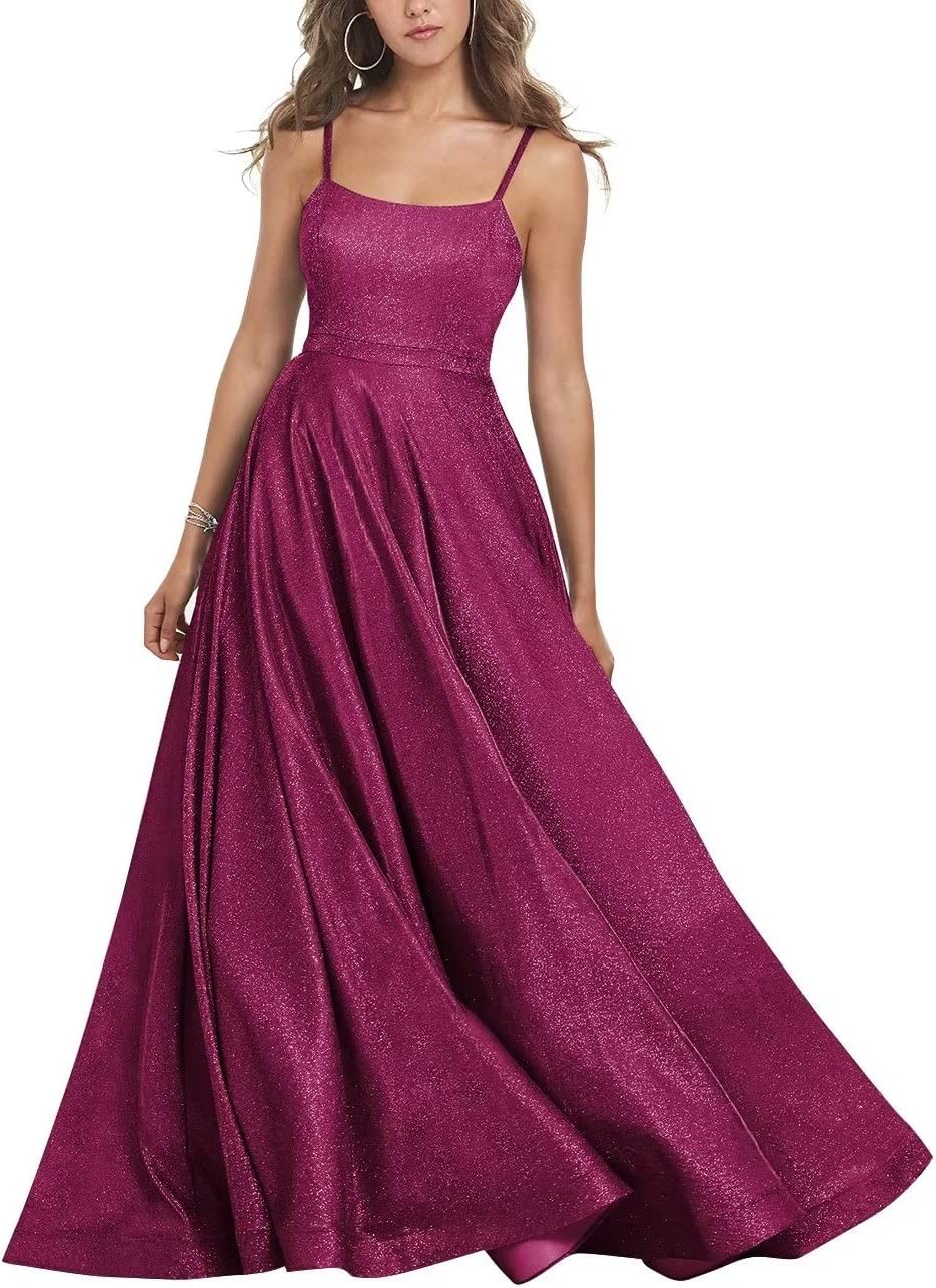 Women's Glitter Prom Dresses Long Ball Gown Spaghetti Straps Neck Formal Evening Party Dress for Teens