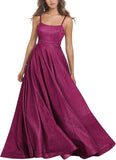 Women's Glitter Prom Dresses Long Ball Gown Spaghetti Straps Neck Formal Evening Party Dress for Teens