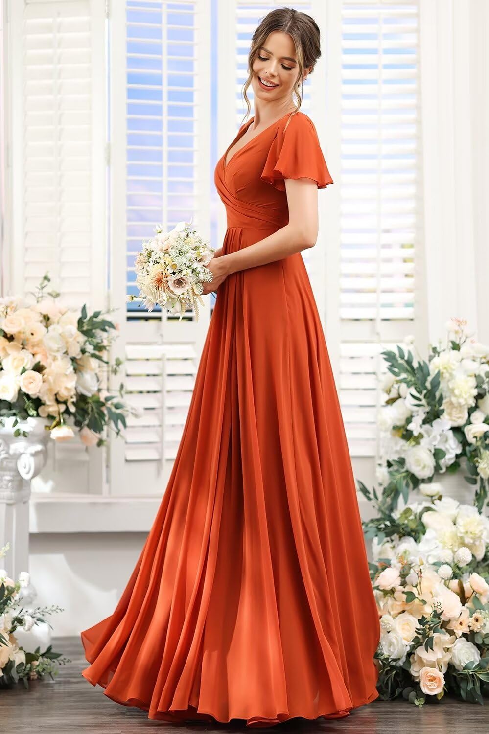 Damen Brautjungfernkleider mit Flatterärmeln, lang, mit Schlitz, V-Ausschnitt, Chiffon, formelle Kleider 