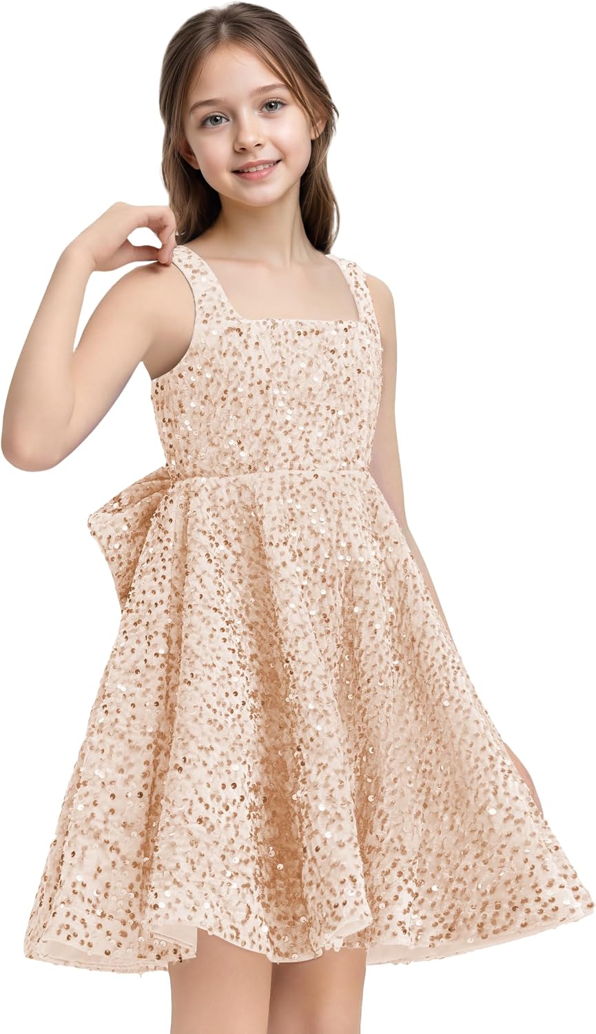 Sequins Flower Girl Dresses Short - Square Neck Princess Pageant Dress Kids A Line Communion Formal Party Gown