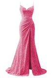 Spaghetti Straps Sequin Prom Dresses for Women 2027 Mermaid Ruched Formal Dress with Slit Sparkly Evening Party Gown