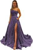 One Shoulder Sequin Prom Dresses for Women Long Sparkly A-Line Slit Formal Evening Party Ball Gowns with Pockets