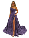 One Shoulder Sequin Prom Dresses for Women Long Sparkly A-Line Slit Formal Evening Party Ball Gowns with Pockets