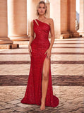 Kingbridal Gowns One Shoulder Sequin Prom Dresses with Slit 2026 Mermaid Formal Dress for Women Sparkly Ruched Evening Party Gowns