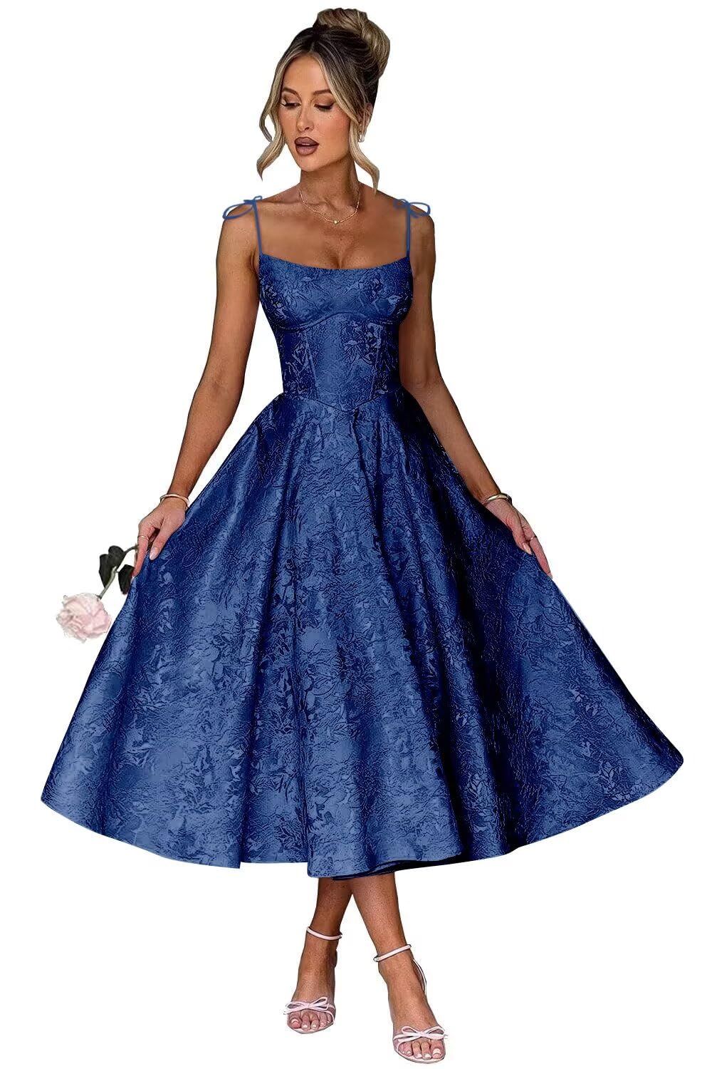Jacquard Floral Satin Prom Dresses for Women 2026 Spaghetti Straps A-Line Midi Formal Evening Party Gown with Pockets