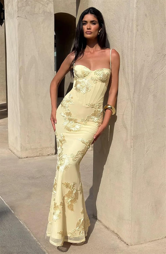 Spaghetti Straps Mermaid Prom Dress 2026 Floral Embroidery Long Corset Formal Evening Gowns