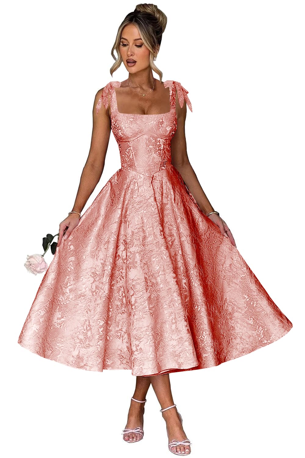 Women's Midi Bridesmaid Dresses Jacquard Satin with Bow Spaghetti Straps Square Neck Formal Wedding Guest Dress