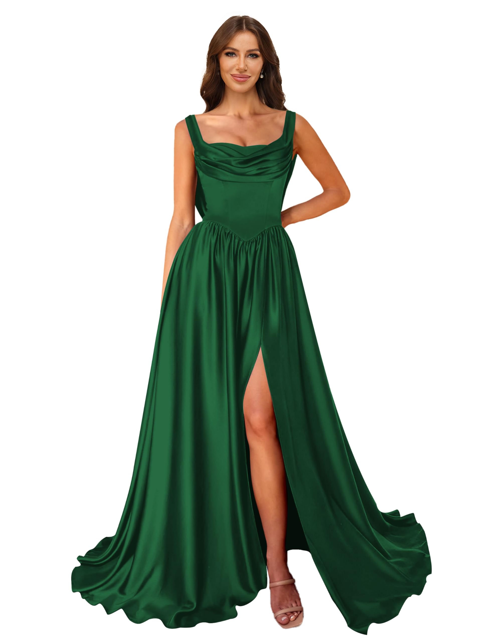 Cowl Neck Satin Prom Dresses Corset Ball Gown Long Puffy A-Line Formal Evening Gown with Slit
