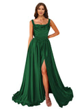 Cowl Neck Satin Prom Dresses Corset Ball Gown Long Puffy A-Line Formal Evening Gown with Slit