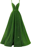 Women's Glittery Spaghetti V-Neck Prom Dresses Long Side Split Formal Evening Gowns