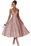 V Neck Tea Length Prom Dress for Women Satin Evening Party Gown A Line Cocktail Dress