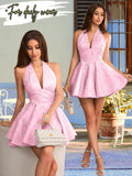 Jacquard Corset Dress,Deep V Halter Mini Dresses with Bow Back,Sexy Birthday Outfits Women Homecoming Prom Formal