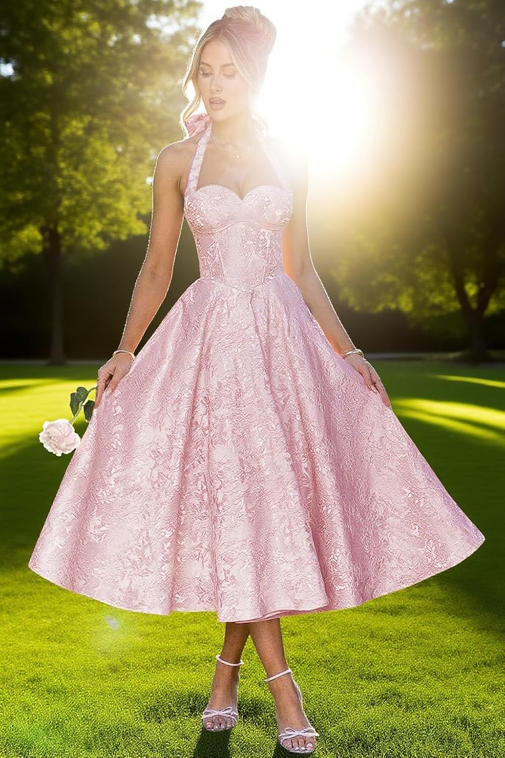 Jacquard Satin Prom Dresses for Women Vintage A-Line Midi Halter Sweetheart Formal Evening Party Gowns with Pockets