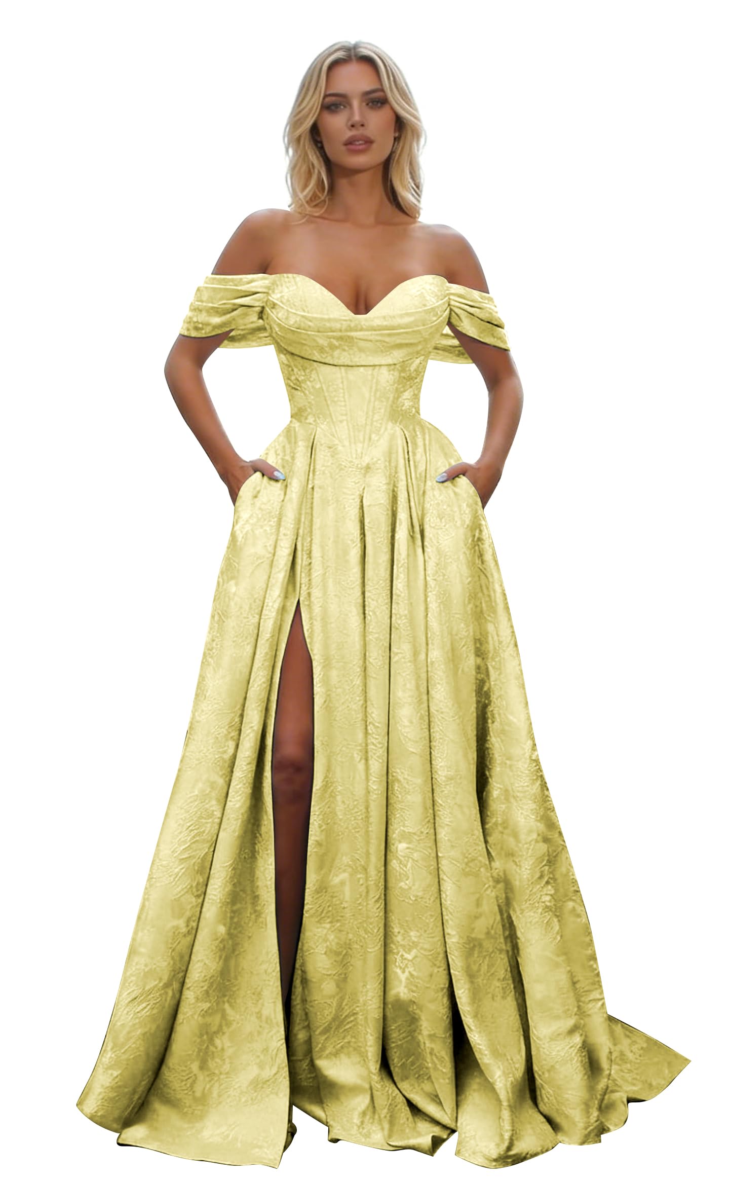 Off Shoulder Long Prom Dress 2026 Jacquard Floral Satin A-Line Corset Ball Gown with Slit Formal Evening Dresses