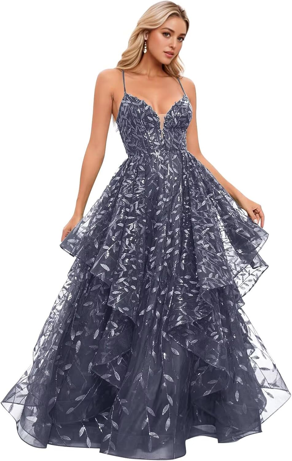 Spaghetti Strap Prom Dresses for Women V Neck Sparkly Sequin Tulle Tiered Ball Gown Long Formal Evening Dress