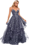 Spaghetti Strap Prom Dresses for Women V Neck Sparkly Sequin Tulle Tiered Ball Gown Long Formal Evening Dress