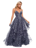 Spaghetti Strap Prom Dresses for Women V Neck Sparkly Sequin Tulle Tiered Ball Gown Long Formal Evening Dress