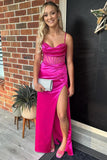 Satin Mermaid Prom Dresses Cowl Neck Spaghetti Straps Beaded Ruched Long Formal Gown with Slit