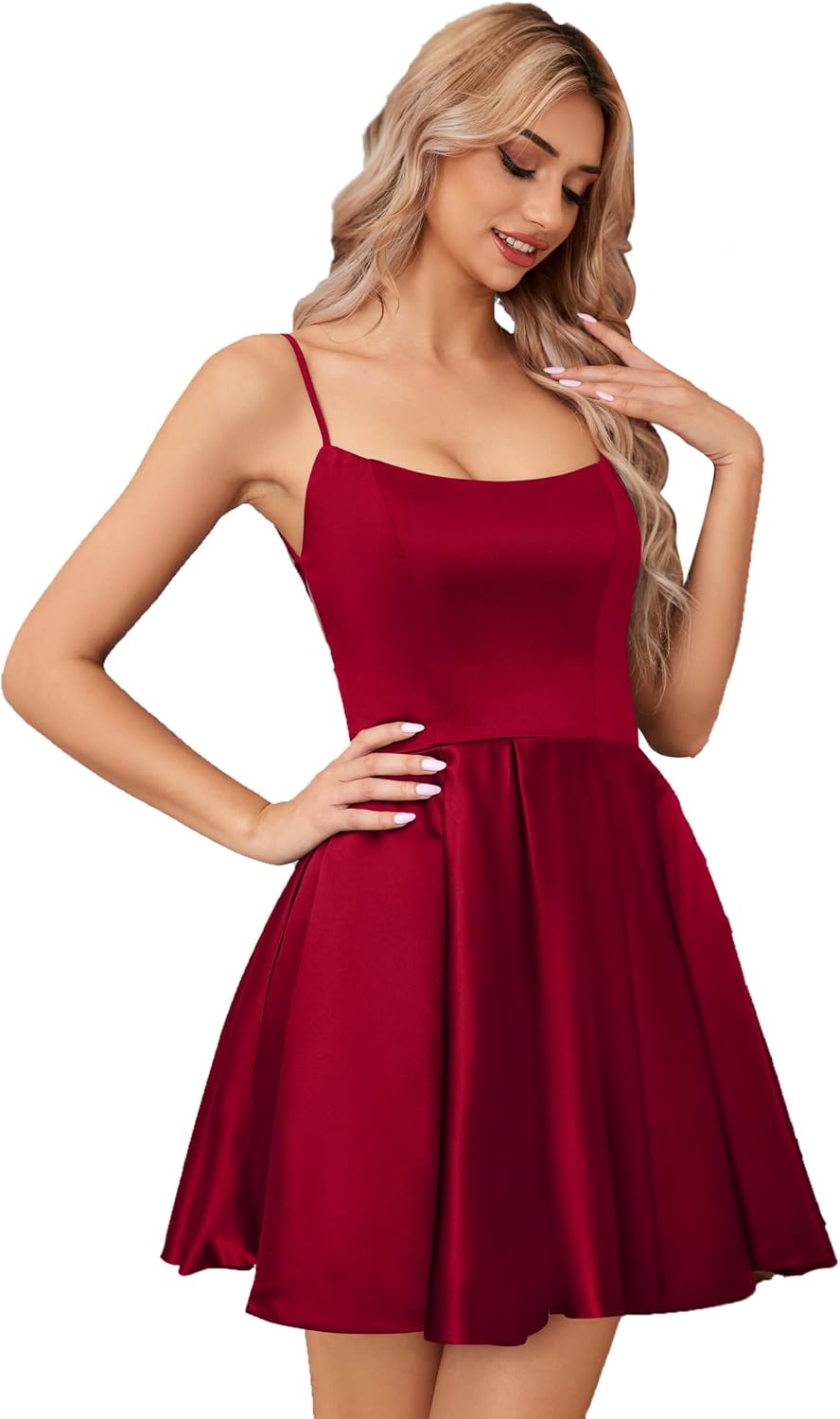 Homecomg Dress Satin Mini for Teens Backless with Pockets Spaghetti Strap Party Cocktail Dress
